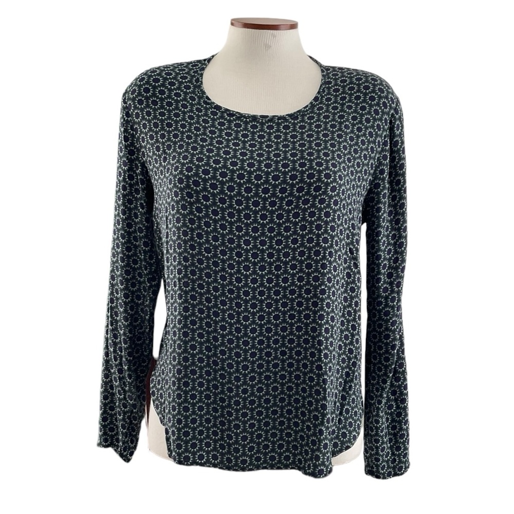 H&M Women’s Top Sun Motif Long Sleeve Blue Green Button Back Polyester Size 14